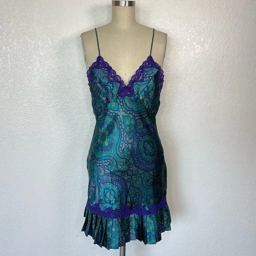 Vintage gold label VS Victorias Secret teal paisley lace Y2K mini slip dress S